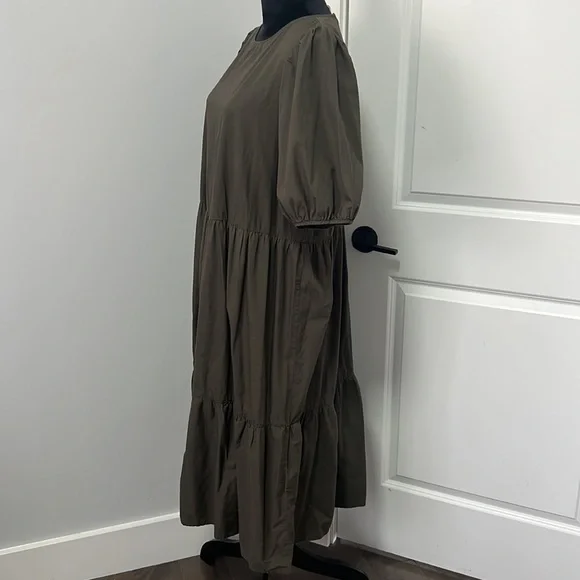 H&M Dark Khaki Green Puff Sleeve Tier MIDI Dress size Medium - Picture 4 of 6